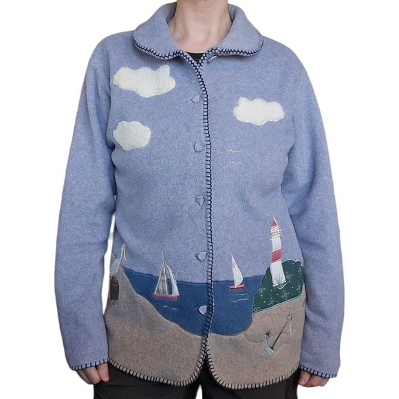 Retro 90s Coastal‎ Grandma Lighthouse Fleece Jacket Nautical S/M Beach Sailboat - Picture 14 of 14
